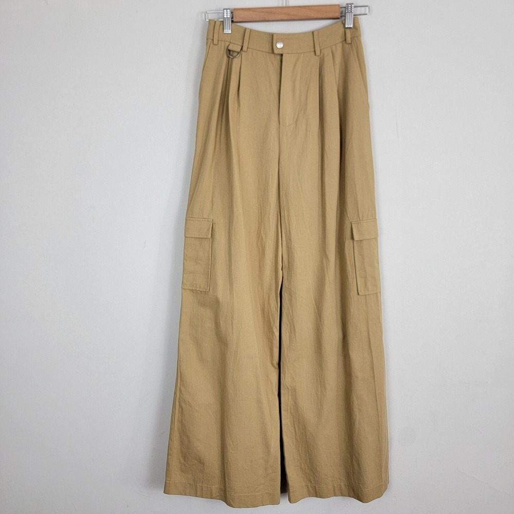 Avec Les Filles Pants Women 2‎ UK 6 Tan Cargo Wide Leg Cotton High Rise Zip